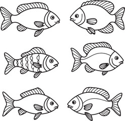 Collection of Six Line Art Fish Illustrations Perfect for Coloring Pages, Designs, and More