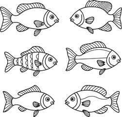 Six Adorable Line Art Fish Illustrations Perfect for Coloring Pages, Kids' Crafts, and More
