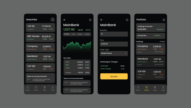 Flat web UI design elements set with navigation templates, buttons, forms, and icons for Share market Profit and Loss Stock website and app interfaces. Dark background Design.