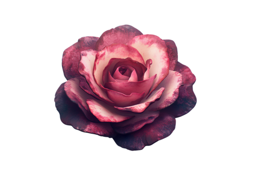  A realistic photo of a pink rose with dark red edges, centered on a white background, high resolution.