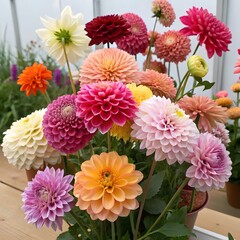 “Colorful dahlias in full bloom in a vibrant outdoor garden setting.”