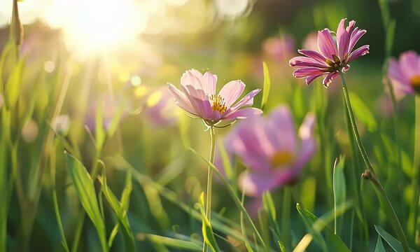 Pink Cosmos Flowers in a Sun Drenched Meadow with Green Grass Bokeh Background Warm Lighting Floral Theme