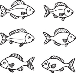 Fototapeta premium Collection of Six Line Drawings Simple Fish Illustrations, Perfect for Coloring Pages, Kids Activities, or Educational Resources