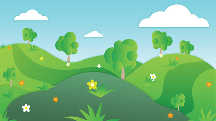 Summer vector illustration landscape with green trees, fields, and a blue sky with clouds. Trekking path or long travel roads.