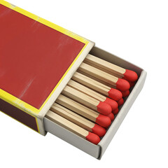 Close up of a matchbox with red tipped matches isolated on transparent background showing a collection of flammable tools