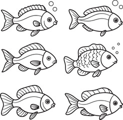 Collection of Six Line Drawings of Various Fish Species Perfect for Coloring Pages, Educational Materials, or Aquatic-Themed Designs