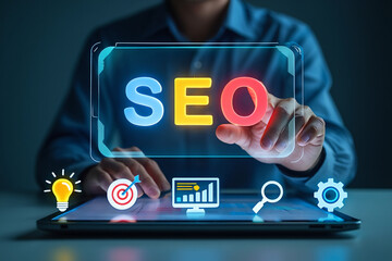 Businessman using digital tablet to manage SEO strategy and online marketing
