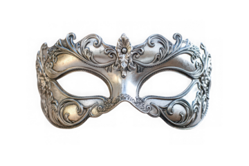 Ornate silver venetian masquerade mask detailed filigree carnival costume party accessory isolated on transparent background