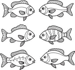 Fototapeta premium Collection of Six Line Art Fish Drawings Perfect for Coloring Pages, Designs, and More