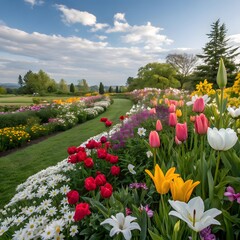 Blooming dahlia pathway in a scenic garden under dramatic evening sky and golden sunlight.