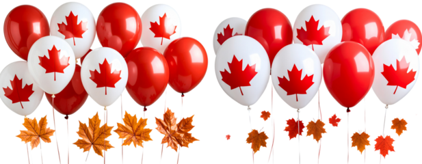 Red and White Canada Day Balloons with Maple Leaf, isolated on transparent background PNG