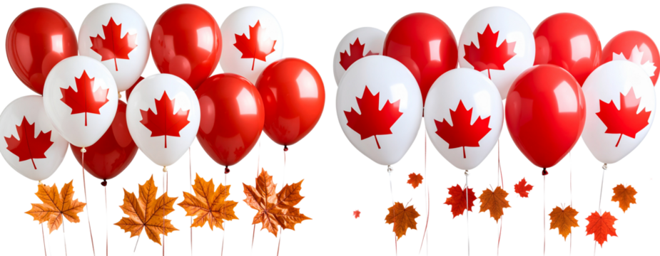 Red and White Canada Day Balloons with Maple Leaf, isolated on transparent background PNG
