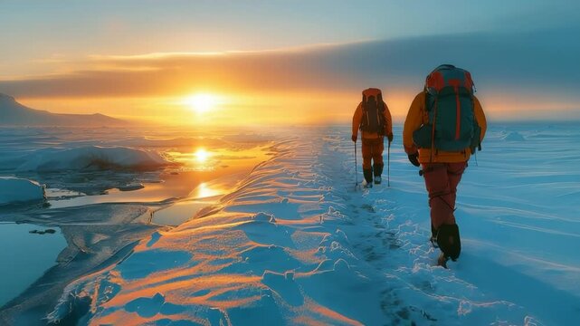 Intrepid explorers navigate a vast frozen landscape, their bright parkas contrasting with the icy expanse as a striking sunset illuminates their journey