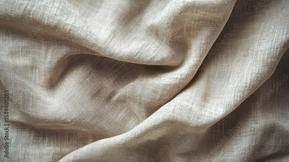 Poster close up shot of a beige fabric with soft folds and a subtle textured weave pattern in neutral light