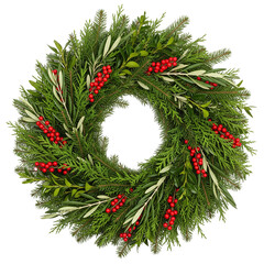 Festive christmas wreath made of evergreen branches and red berries isolated on transparent background