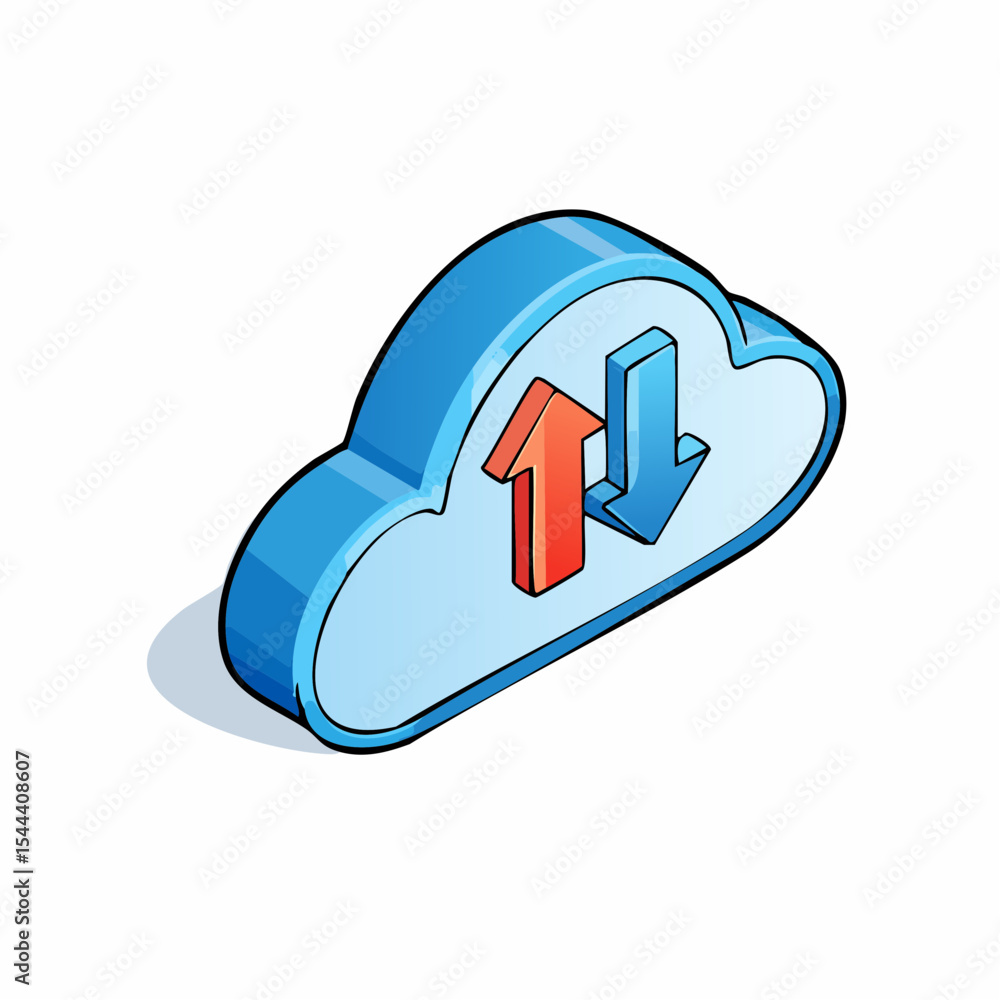 Poster isometric 3d cloud computing icon data upload and download arrows, futuristic design