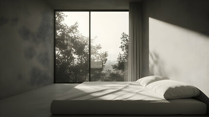 Minimalist Bedroom with Forest View and Soft Light, Serene Inter