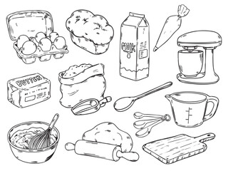 Set of hand drawn baking ingredient and cooking utensil elements outline drawing illustration