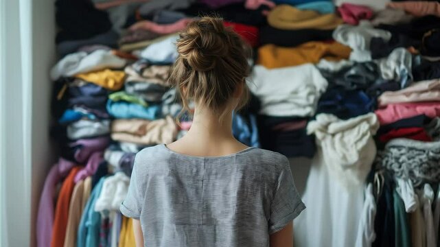 Back view of a woman standing in front of a large pile of clothes, looking indecisive about what to wear	