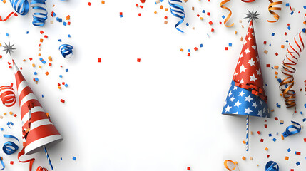 Fototapeta premium USA patriotic celebration banner: red white blue paper party hat with star print and confetti on white background with copy space