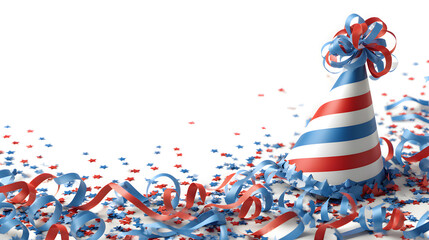 Obraz premium USA patriotic celebration banner: red white blue paper party hat with star print and confetti on white background with copy space