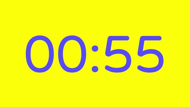 1 minute countdown timer on yellow background with purple number display suitable for technology, urgency, time management concepts, social media posts, blog headers  