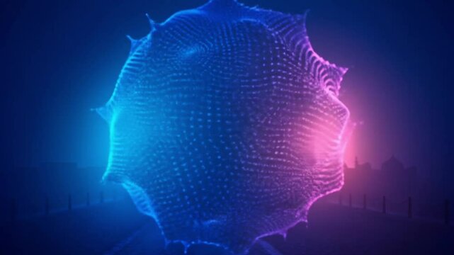 Abstract Glowing Dot Sphere. Futuristic 3D Mesh Structure. Ethereal Blue and Pink Art.