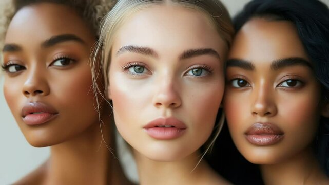 Beautiful three women with different skin types and tones. The beauty of diversity concept	