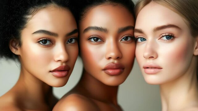 Beautiful three women with different skin types and tones. The beauty of diversity concept	