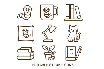 Cute bookworm icon set with coffee mug and bookshelf in line art style