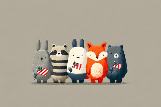 Patriotic animal characters holding mini American flags, vector illustration, cute kindergarten kids friendly design. USA national Holiday celebration. perfect for Fourth of July.