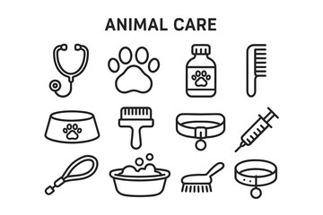 Animal care icons set: veterinary tools and pet grooming essentials