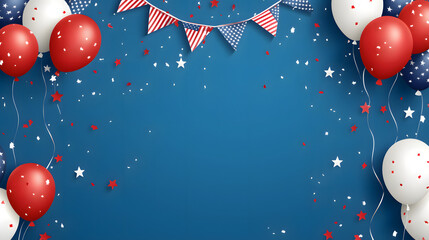 4th of July Banner navy background with Copy Space and American Flag bunting, balloons, confetti Elements. USA Independence Day holiday background