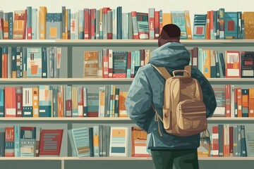 A person with a backpack looking at bookshelves filled with books in a library or bookstore setting