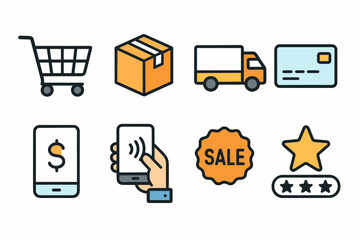 E-commerce icons: shopping cart, package, delivery, payment, mobile, sale, rating