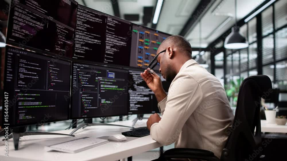 Poster unhappy sad developer programmer man in stress coding software