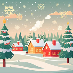 christmas serene winter landscape scenery with snowflake and red building