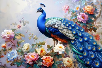 A vibrant peacock perched on a branch surrounded by colorful flowers in a painterly style artwork © Uzair