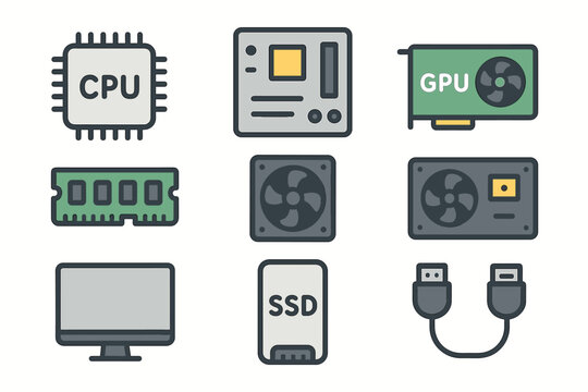 Collection of computer hardware icons including cpu gpu ram ssd