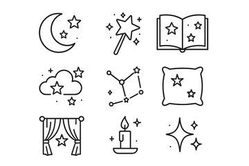 Magical nighttime icons: crescent moon, wand, open book, cloud, constellation, pillow, curtain, candle, sparkles