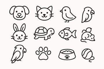 Simple outline icons of dogs, cats, birds, and other pet animals
