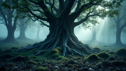 Ancient Tree of Whispers: Witness the serene majesty of a grand, old tree with expansive roots, nestled within a mystical, foggy forest, where sunlight streams through the canopy.