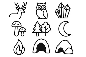 Fototapeta premium Nature icons: deer, owl, crystals, mushrooms, trees, moon, fire, caves