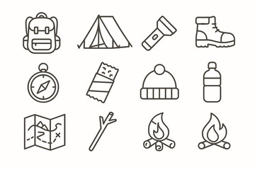 Fototapeta premium Camping gear icons: backpack, tent, flashlight, boot, compass, energy bar, beanie, water bottle, map, stick, fire