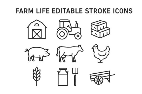 Farm life editable stroke icons featuring barn, tractor, livestock, and harvest symbols