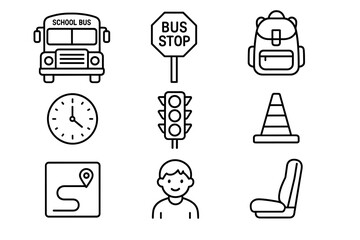 School bus and safety icons: backpack, traffic light, child illustration