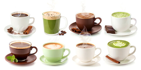 Variety of hot coffee and tea drinks isolated on white - mocha, matcha, cappuccino, flat white, black coffee, green tea