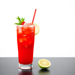 Refreshing red cocktail with lime, mint, and ice in a glass