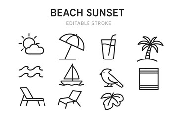 Beach sunset icon set with tropical elements and summer symbols