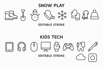 Snow play and kids tech icons set: winter and technology line art symbols